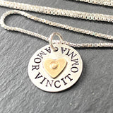 amor vincit omnia necklace sterling silver with gold heart hand stamped Latin. phrase jewelry love conquers all - drake designs jewelry