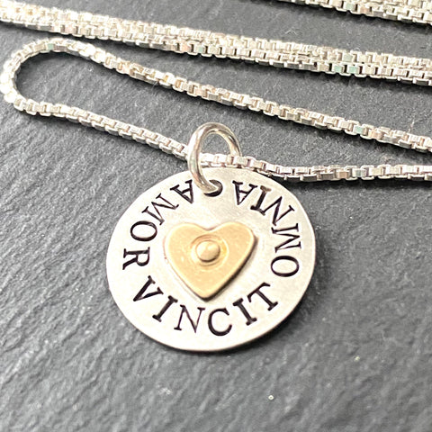amor vincit omnia necklace sterling silver with gold heart hand stamped Latin. phrase jewelry love conquers all - drake designs jewelry