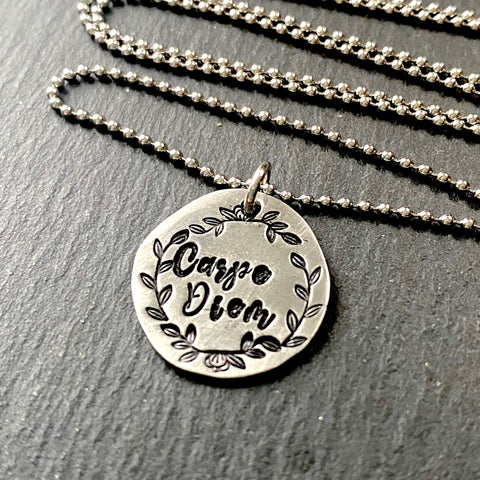 organic pendant with hand stamped leaf border. Carpe Diem necklace. seize the day. drake designs jewelry