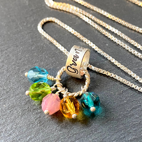 Grandma necklace with rope twist ring and personalized birthstones in sterling silver. drake designs jewelry