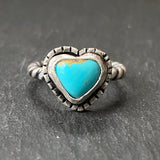 Sterling silver  turquoise heart ring with organic border on bezel set Kingman turquoise with twist wire rope ring band solid sterling silver and genuine turquoise - drake designs jewelry