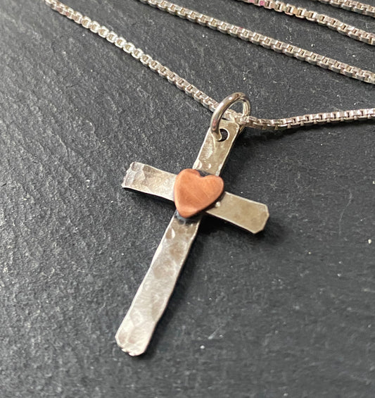 rustic hammered cross necklace with copper heart - drake designs jewelry