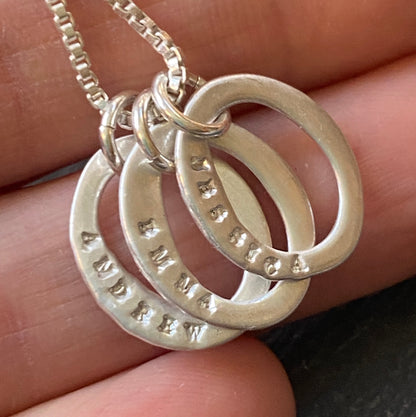mom necklace hand stamped on tiny organic oval ring charms in sterling silver - drake designs jewelry