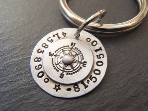 sterling silver keychain personalized with latitude longitude coordinates hand stamped with  riveted compass