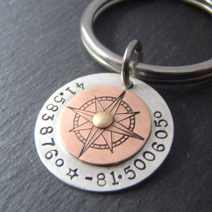 Custom compass keychain with coordinates - hand crafted from Sterling silver and copper - Drake Designs Jewelry