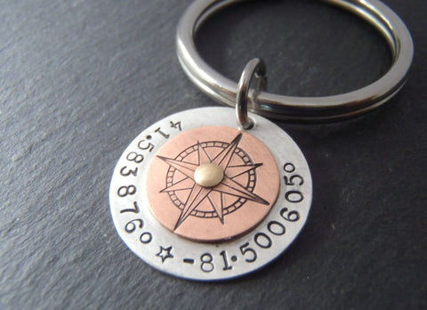 Custom compass keychain with coordinates - hand crafted from Sterling silver and copper - Drake Designs Jewelry
