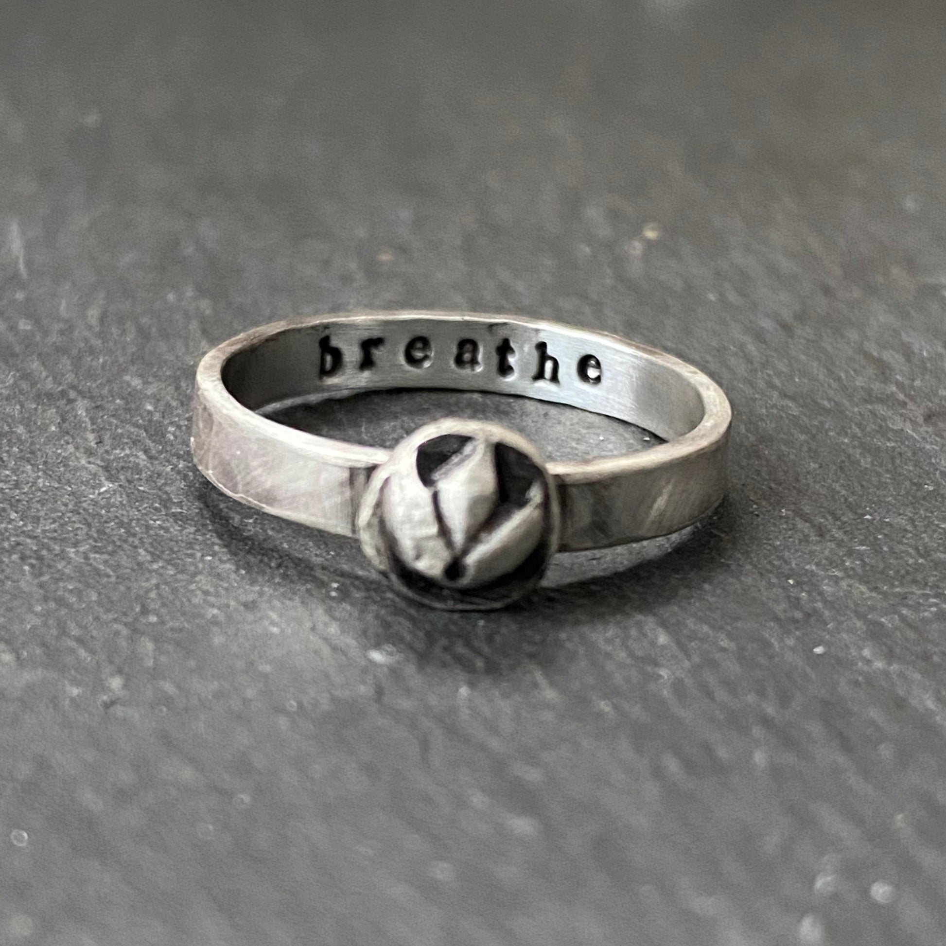 A sterling silver lotus flower stacking ring with 'breathe' hand stamped inside, drake designs jewelry - recycled sterling silver