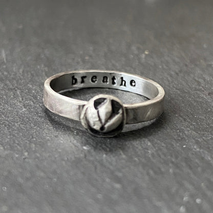 A sterling silver lotus flower stacking ring with 'breathe' hand stamped inside, drake designs jewelry - recycled sterling silver