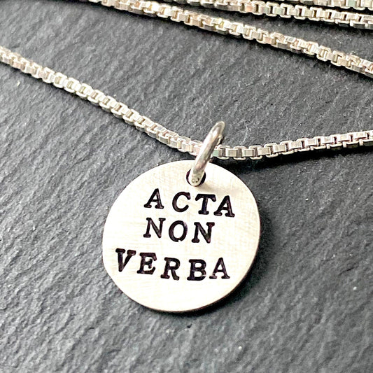 acta non verba sterling silver hand stamped latin phrase jewelry. drake designs jewelry