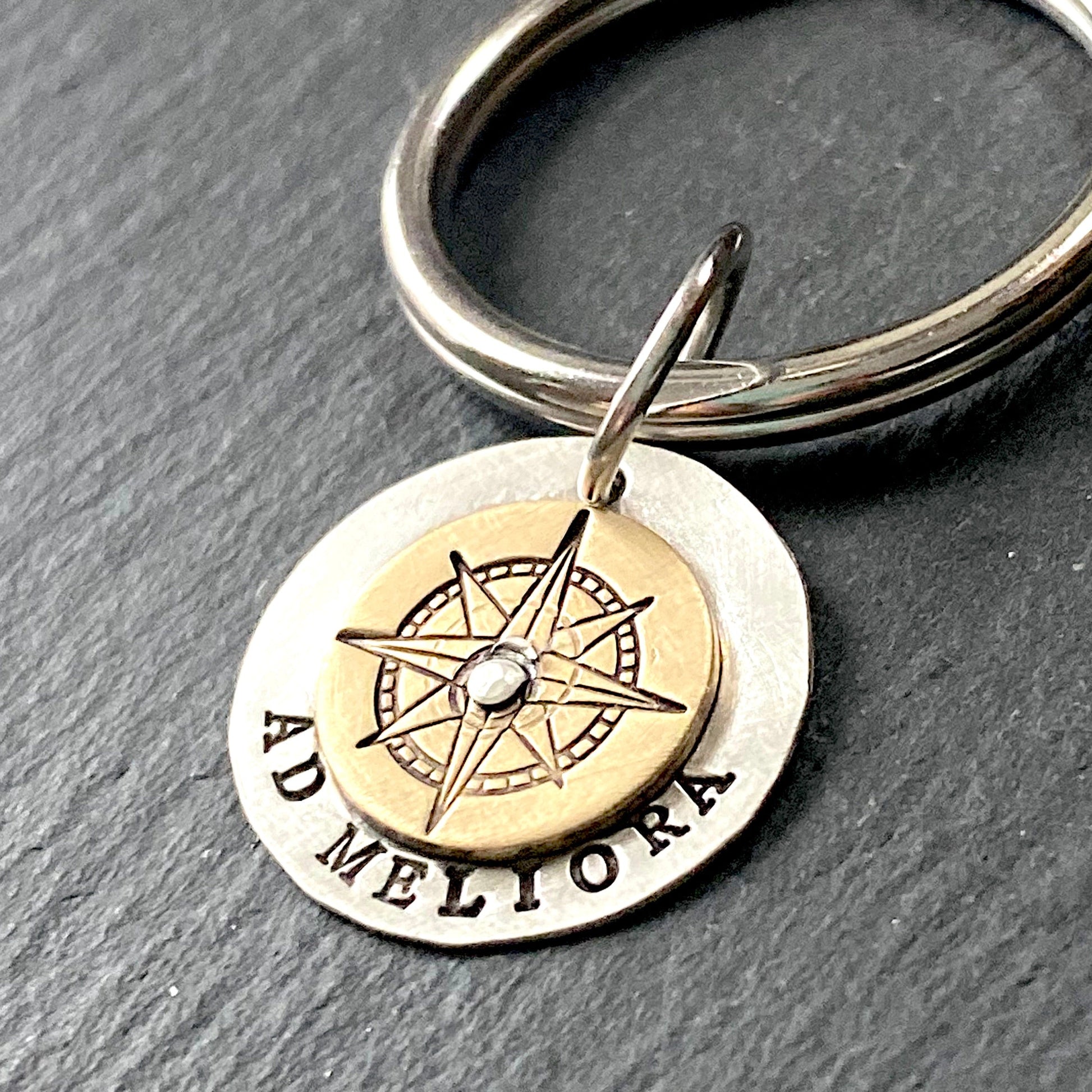 ad meliora Latin phrase keychain. Toward better things inspirational latin quote keychain hand crafted from sterling silver and gold brass. drake designs jewelry