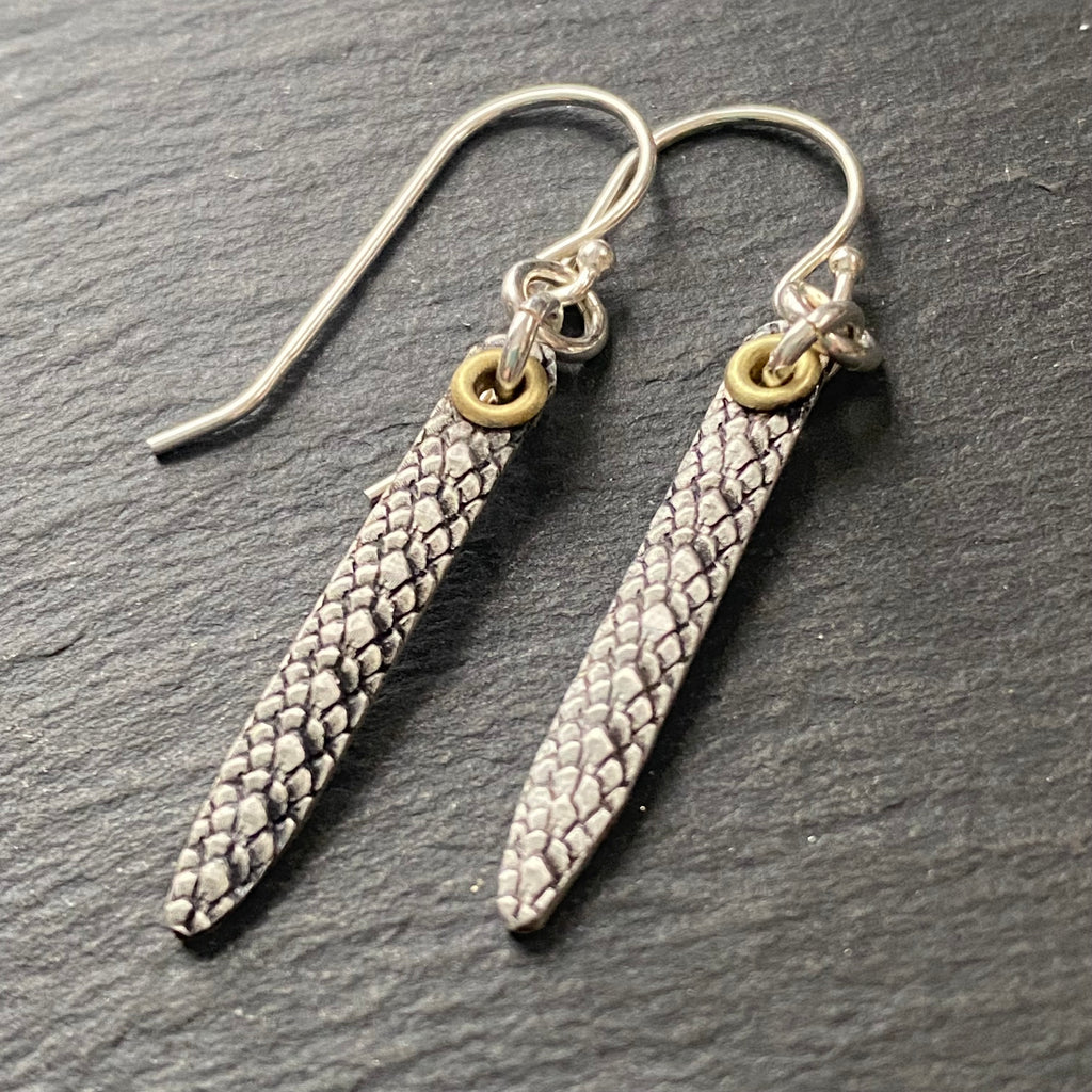 snake print earrings hand crafted from sterling silver and golden brass. snake texture bar dangle earrings. drake designs jewelry