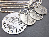 sterling silver tree with roots hand stamped.  rooted in love personalized with family initials drake designs jewelry