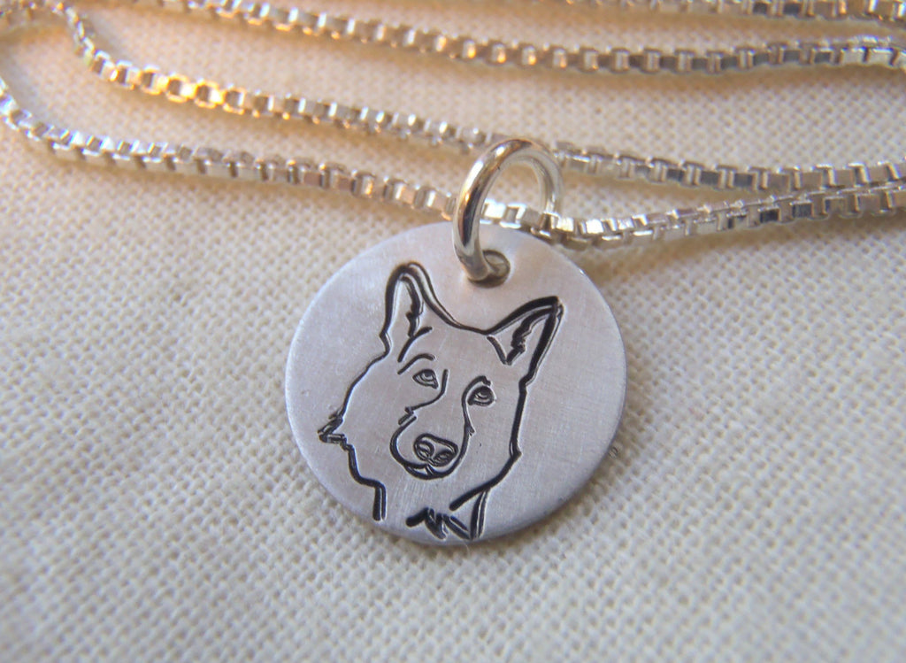 German Shepherd necklace hand stamped on sterling silver. Drake designs jewelry