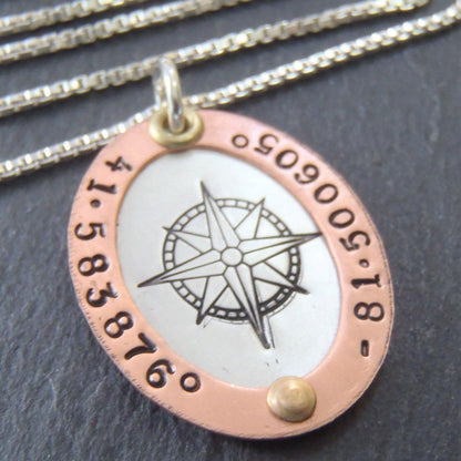 GPS Coordinates necklace rose gold and silver latitude longitude jewelry - Drake Designs Jewelry