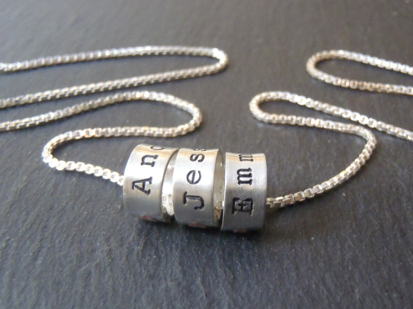Sterling silver name charm mother's necklace with personalized bead charms hand stamped with names for mom - drake designs jewelry- Drake Designs Jewelry