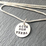 acta non verba hand stamped tiny latin phrase jewellry. drake designs jewelry