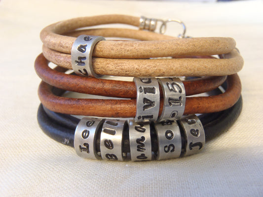Personalized name charms on smooth leather bracelet -double wrapped - Drake Designs Jewelry