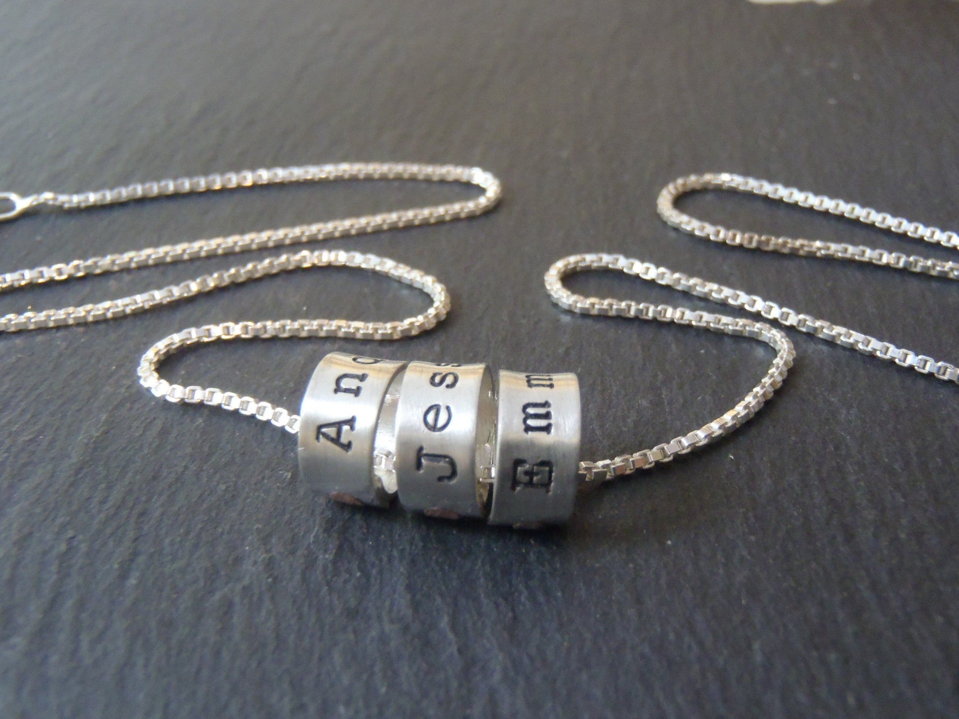 Kids name necklace for mom with personalized sterling silver ring name charms - Drake Designs Jewelry