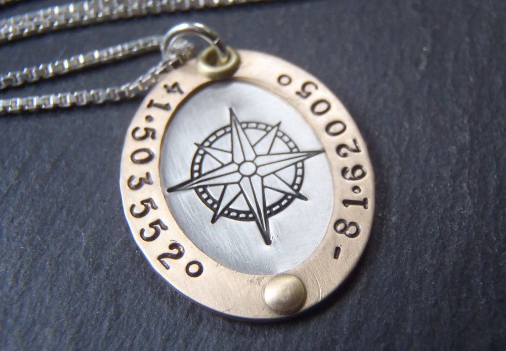 Gold and silver personalized compass necklace with coordinates - Drake Designs Jewelry