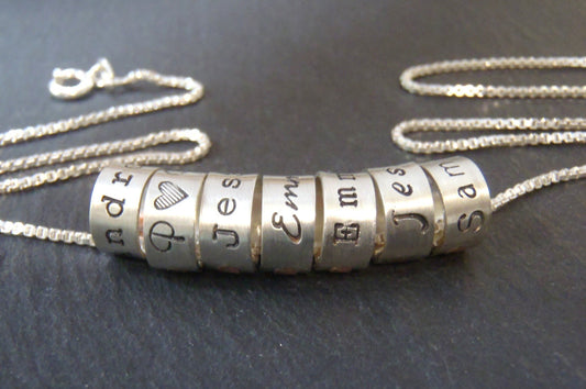 Mother's necklace with children's names on Small sterling silver ring charms - Drake Designs Jewelry