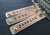 Brass, copper and sterling silver personalized bar necklace for mom with children's names - Drake Designs Jewelry