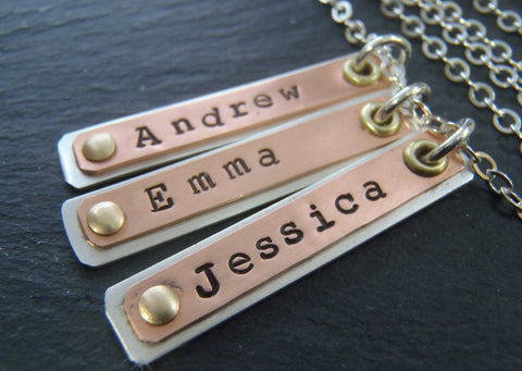 Brass, copper and sterling silver personalized bar necklace for mom with children's names - Drake Designs Jewelry