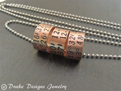 sterling silver or copper charms are personalized with latitude longitude coordinates - Drake Designs Jewelry