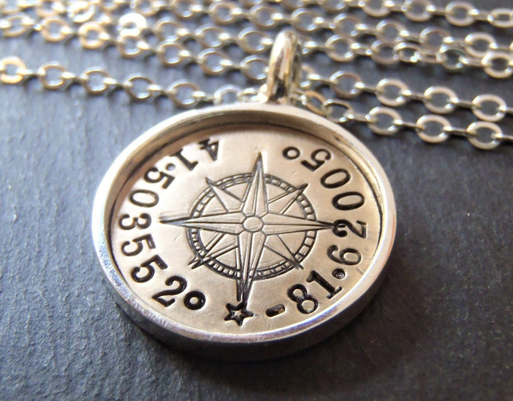 personalized compass, silver and 14k gold fill necklace with coordinates. raised edge border pendant - Drake Designs Jewelry