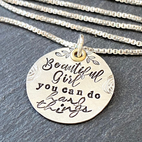 Beautiful Girl you can do hard things necklace in sterling silver with gold brass accent and floral  details. drake designs jewelry