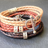 Toggle clasp braided leather bracelet with personalized sterling silver name charms