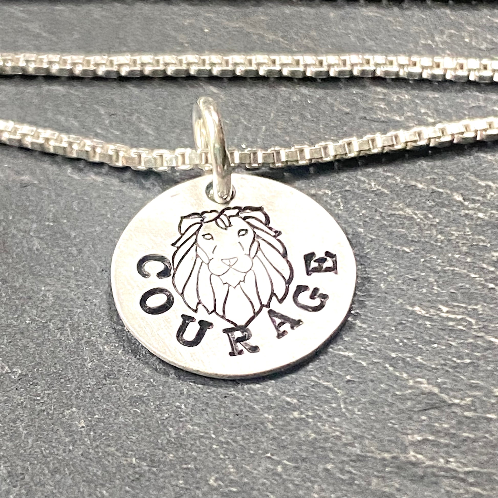 Sterling silver courage necklace with hand stamped Lion. Drake Designs Jewelry