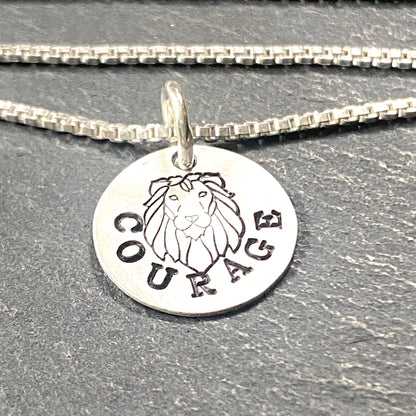 Sterling silver courage necklace with hand stamped Lion. Drake Designs Jewelry