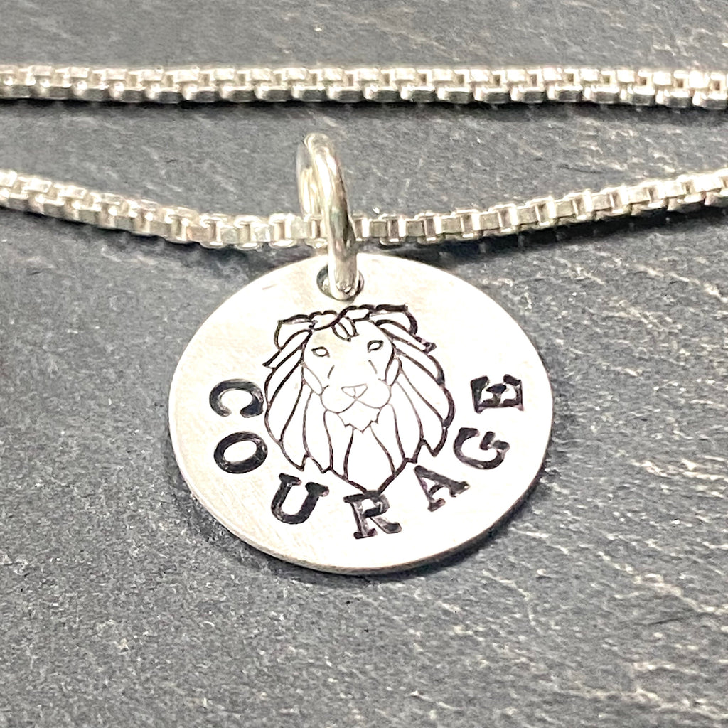 Sterling silver courage necklace with lion hand stamped necklace. give the gift of courage! Drake Designs Jewelry
