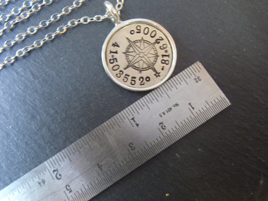 personalized compass, silver and 14k gold fill necklace with coordinates. raised edge border pendant - Drake Designs Jewelry