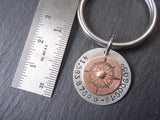 Custom compass keychain with coordinates - hand crafted from Sterling silver and copper - Drake Designs Jewelry