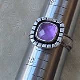 faceted amethyst cushion ring in sterling silver.  raw and organically shaped. size 9. drake designs jewelry
