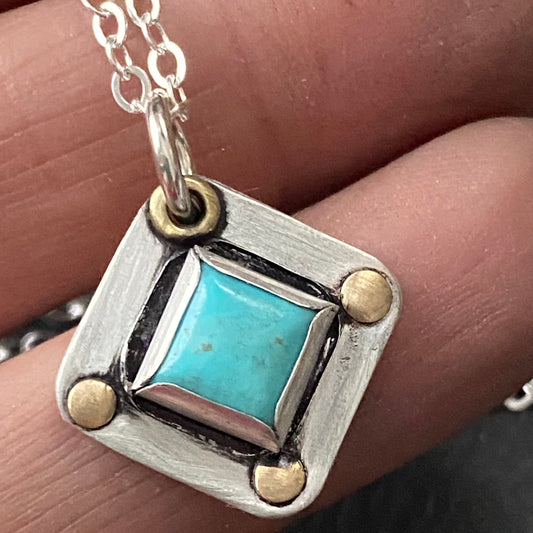square turquoise pendant necklace-  sterling silver bezel set with gold brass accents hand crafted with genuine  Kingman turquoise - drake designs jewelry