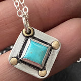 square turquoise necklace bezel set with gold brass accents hand crafted from sterling sheet  and Kingman turquoise - drake designs jewelry