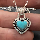 sterling silver turquoise heart necklace hand crafted from Kingman turquoise heart hand set in sterling silver bezel with organically shaped border - drake designs jewelry