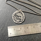 Carpe Diem hand stamped pewter necklace with border. seize the day Latin phrase jewelry. drake designs jewelry