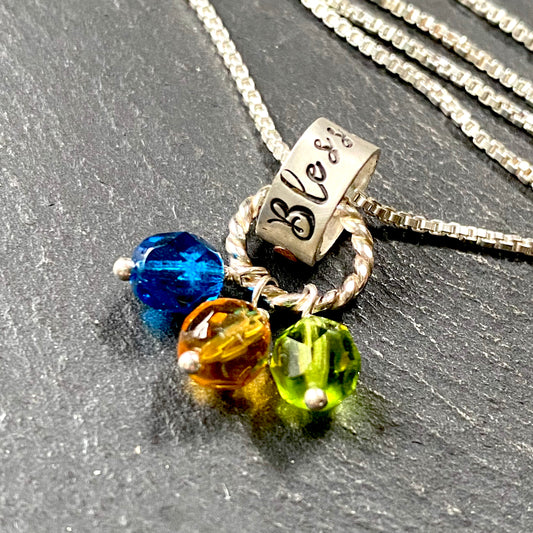 blessed necklace personalized with birthstones. mom necklace with kids birthstones.  sterling silver grandma necklace. drake designs jewelry
