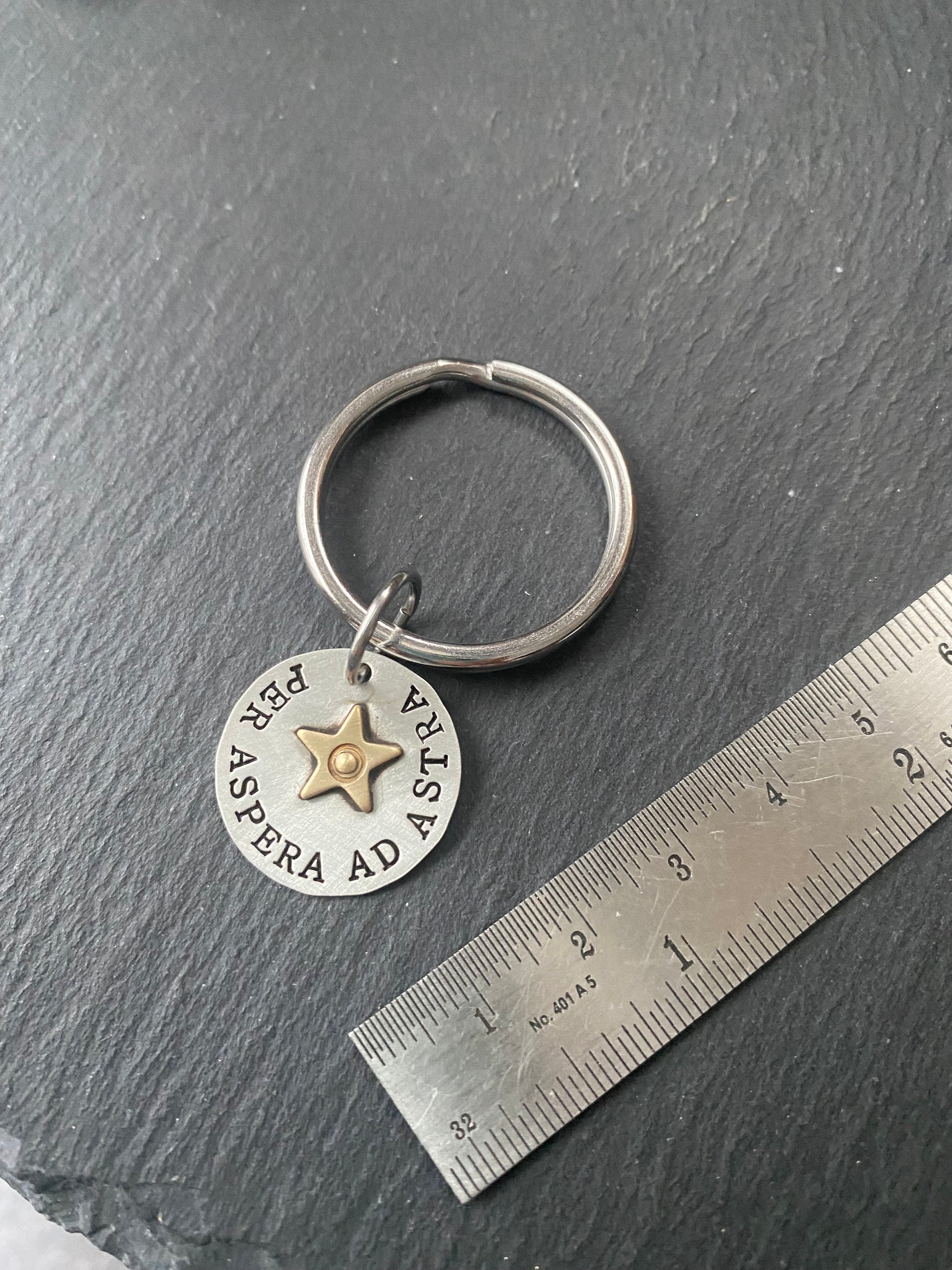 inspirational latin phrase keychain. per aspera ad astra - from hardship to the stars. sterling silver and gold star. drake designs jewelry