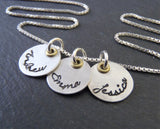 Mom necklace with kids names. Mixed metal Sterling silver with golden brass. - Drake Designs Jewelry