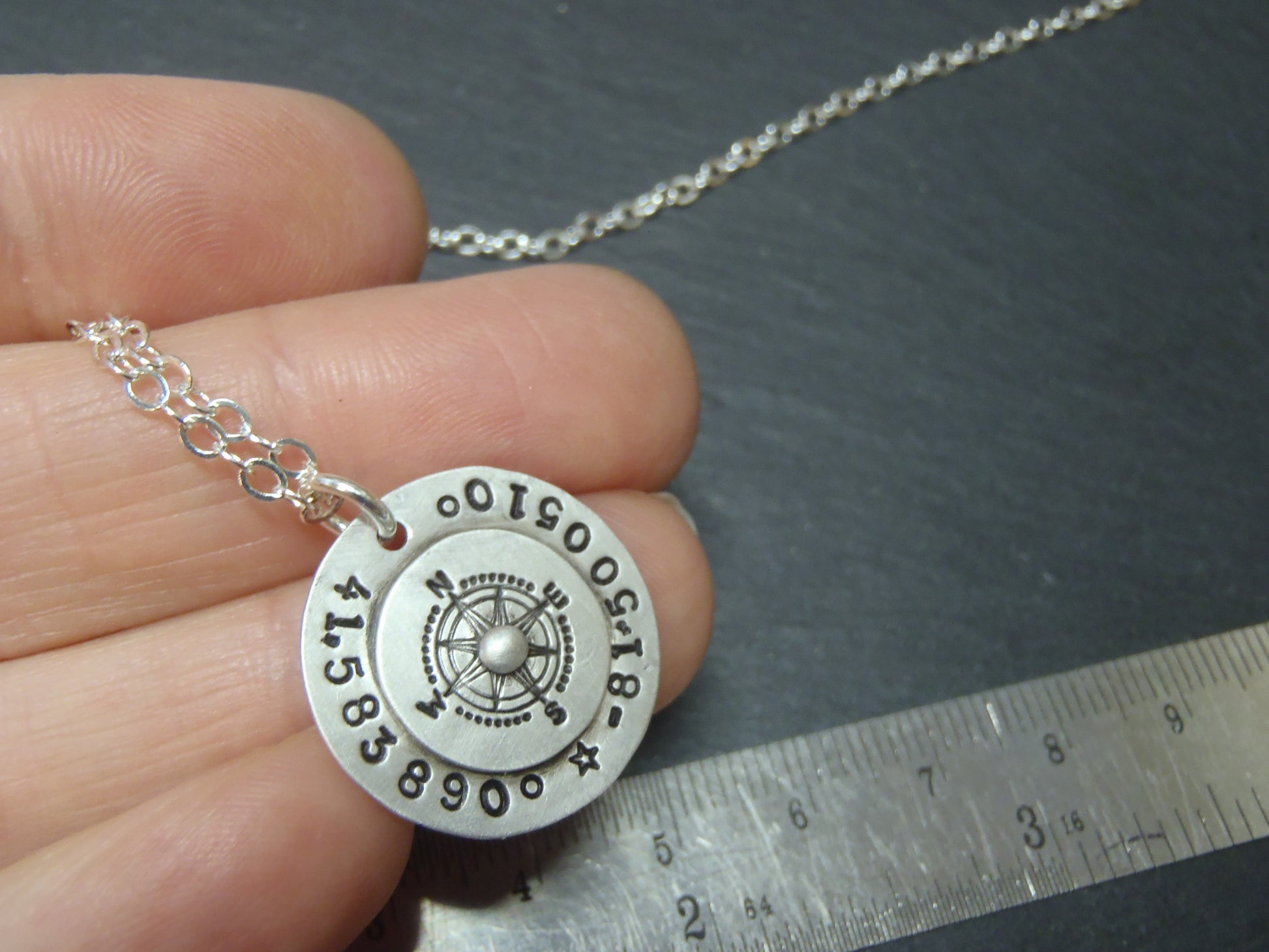 sterling silver coordinates necklace with compass - latitude longitude - drake designs jewelry