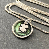 tiny green four leaf clover wax seal necklace. drake designs jewelry