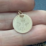 Queen Bee necklace. Bee with crown and Rope edge border are hand stamped on 14k gold filled charm. drake designs jewelry 