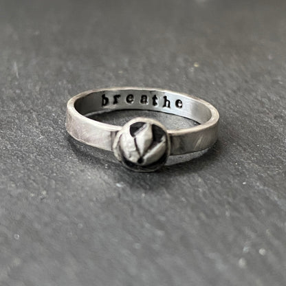 sterling silver lotus flower stacking ring with 'breathe' hand stamped inside, irregular organic shape from melted sterling silver metal - drake designs jewelry 