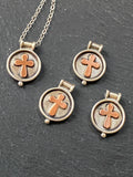 sterling silver cross necklace with raised border and copper cross - drake designs jewelry