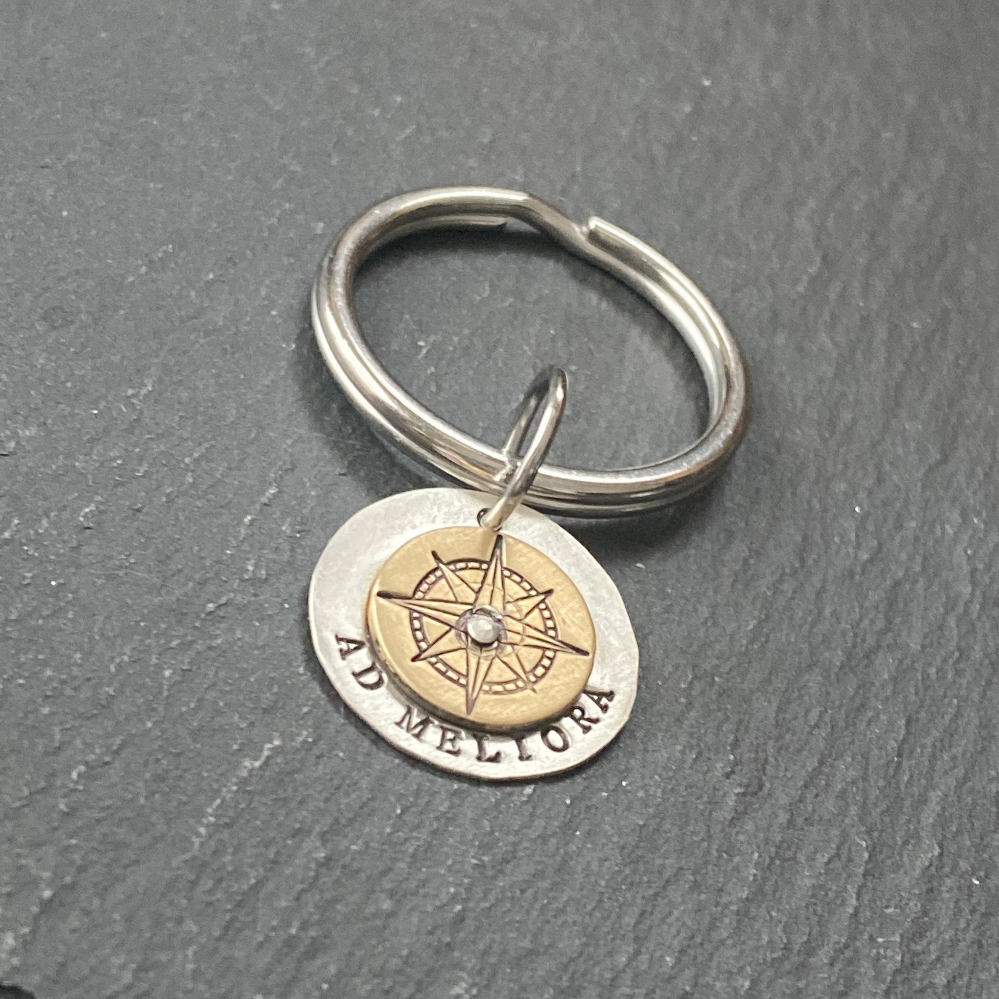 ad meliora inspirational Latin phrase keychain. toward better things sterling silver and gold brass hand crafted. drake dedsigns jewelry
