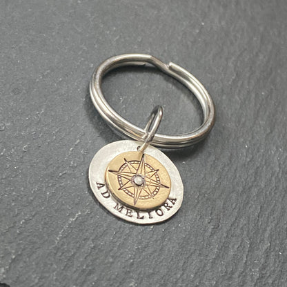 ad meliora inspirational Latin phrase keychain. toward better things sterling silver and gold brass hand crafted. drake dedsigns jewelry